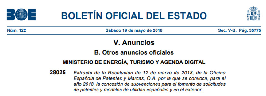 Subvenciones 2018 para el fomento de las solicitudes de patentes y modelos de utilidad españoles y en el exterior