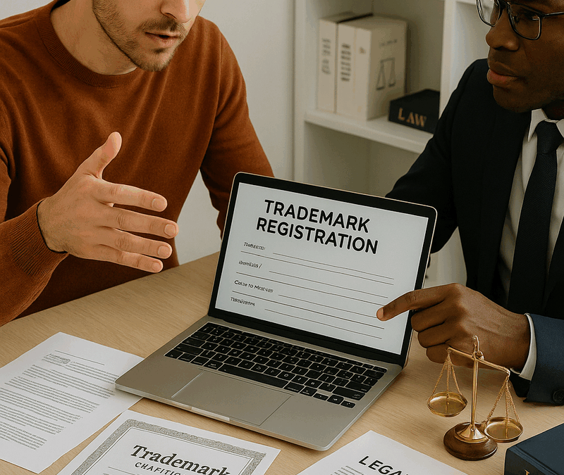 Dos personas en la oficina con un documento sobre Branding legal