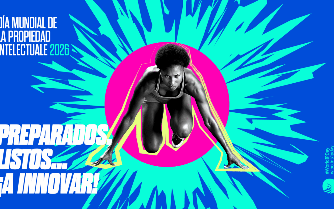 Cartel oficial del Día Mundial de la Propiedad Intelectual 2026 con el lema "Preparados, listos... ¡A innovar!", mostrando a una atleta en posición de salida sobre un fondo gráfico dinámico en colores azul, cian y rosa.