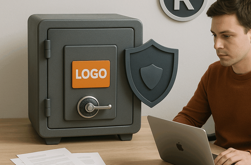 Hombre diseñando logotipo registrable en ordenador con caja fuerte