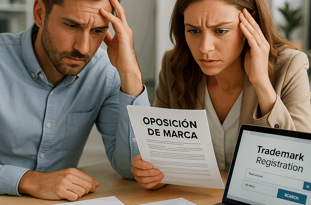Dos personas con dudas para registrar una marca correctamente