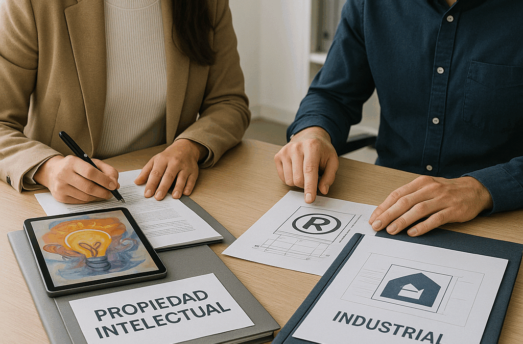Dos personas registrando una propiedad intelectual ante una oficina